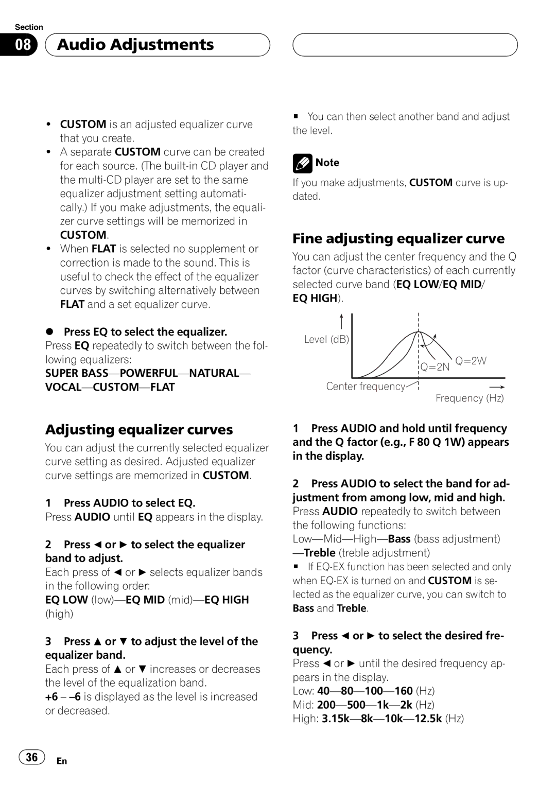 Pioneer DEH-P7650MP operation manual Level dB =2N Q=2W Center frequency Frequency Hz 