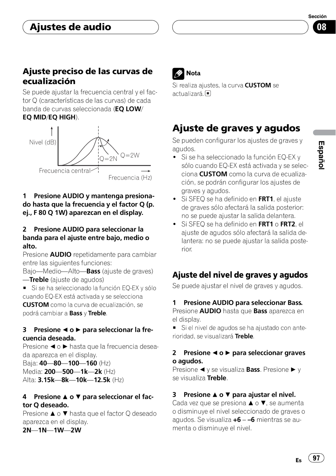 Pioneer DEH-P7650MP operation manual Nivel dB =2N Q=2W Frecuencia central Frecuencia Hz 