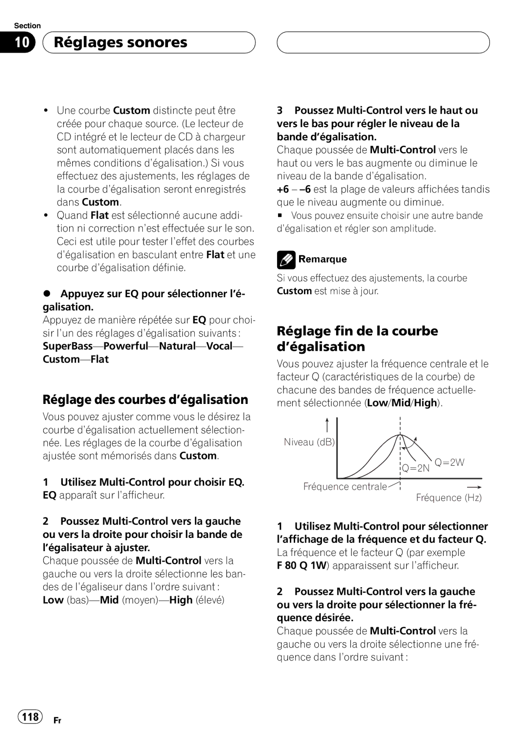 Pioneer DEH-P7700MP operation manual Niveau dB =2N Q=2W Fréquence centrale Fréquence Hz 