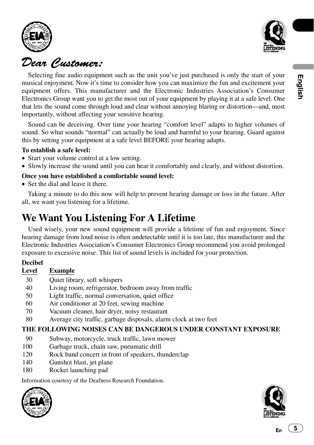 Pioneer DEH-P7700MP operation manual We Want You Listening For A Lifetime, To establish a safe level, Decibel Level Example 