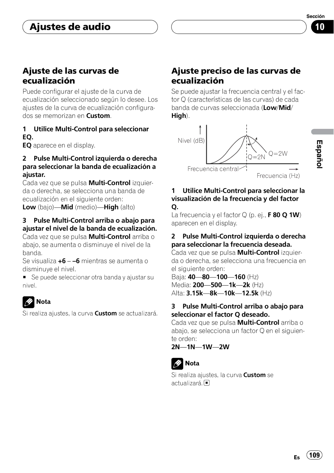 Pioneer DEH-P7750MP operation manual Nivel dB =2N Q=2W Frecuencia central Frecuencia Hz 