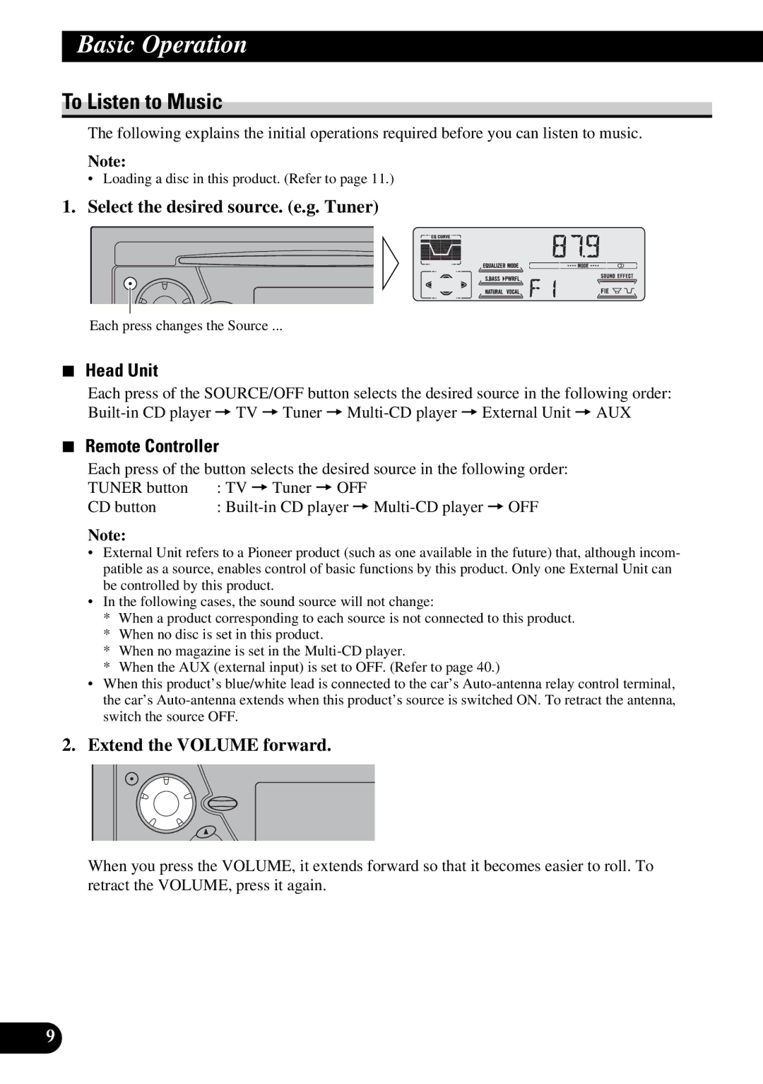 Pioneer DEH-P77DH operation manual Basic Operation, To Listen to Music, Head Unit, Remote Controller 