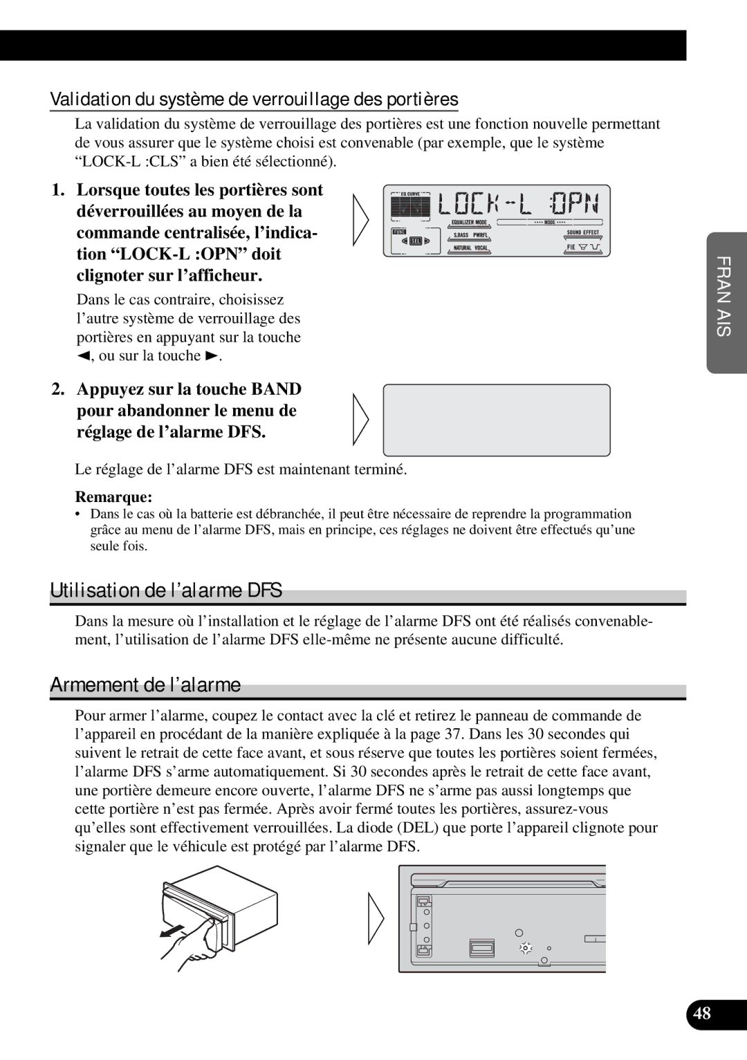 Pioneer DEH-P77DH Utilisation de l’alarme DFS, Armement de l’alarme, Validation du système de verrouillage des portières 