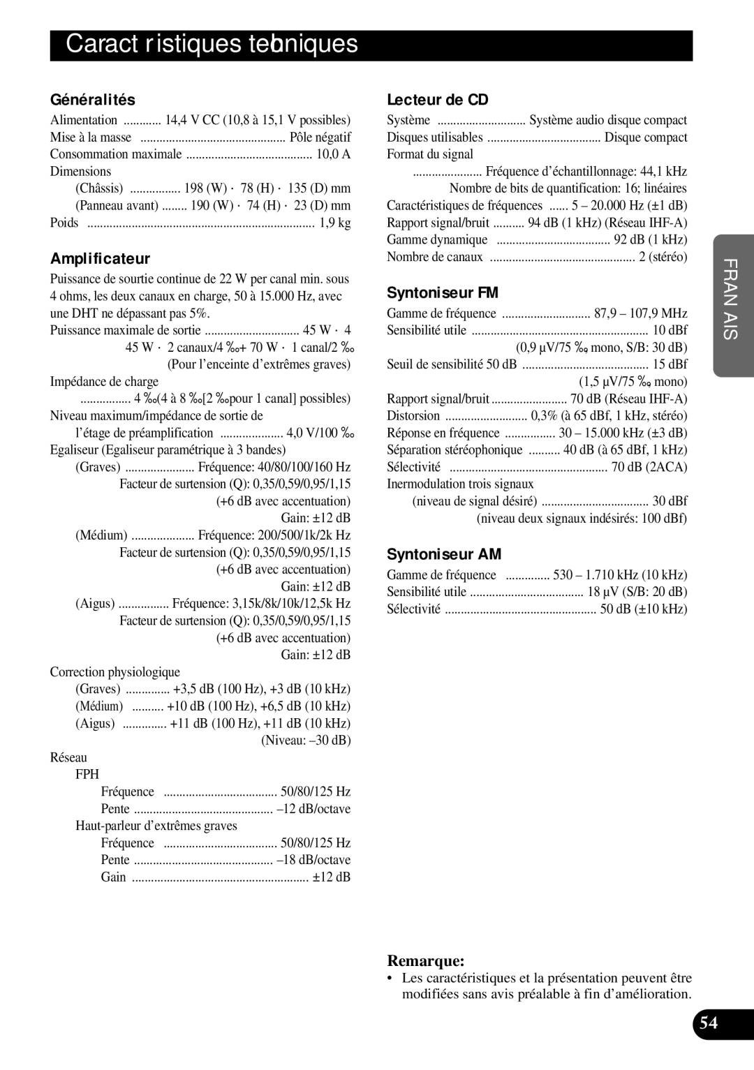 Pioneer DEH-P77DH operation manual Caractéristiques techniques 