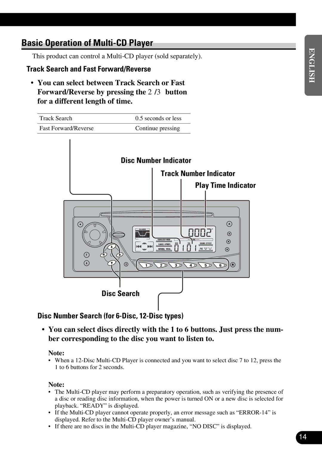 Pioneer DEH-P77DH operation manual Basic Operation of Multi-CD Player, Track Search and Fast Forward/Reverse 