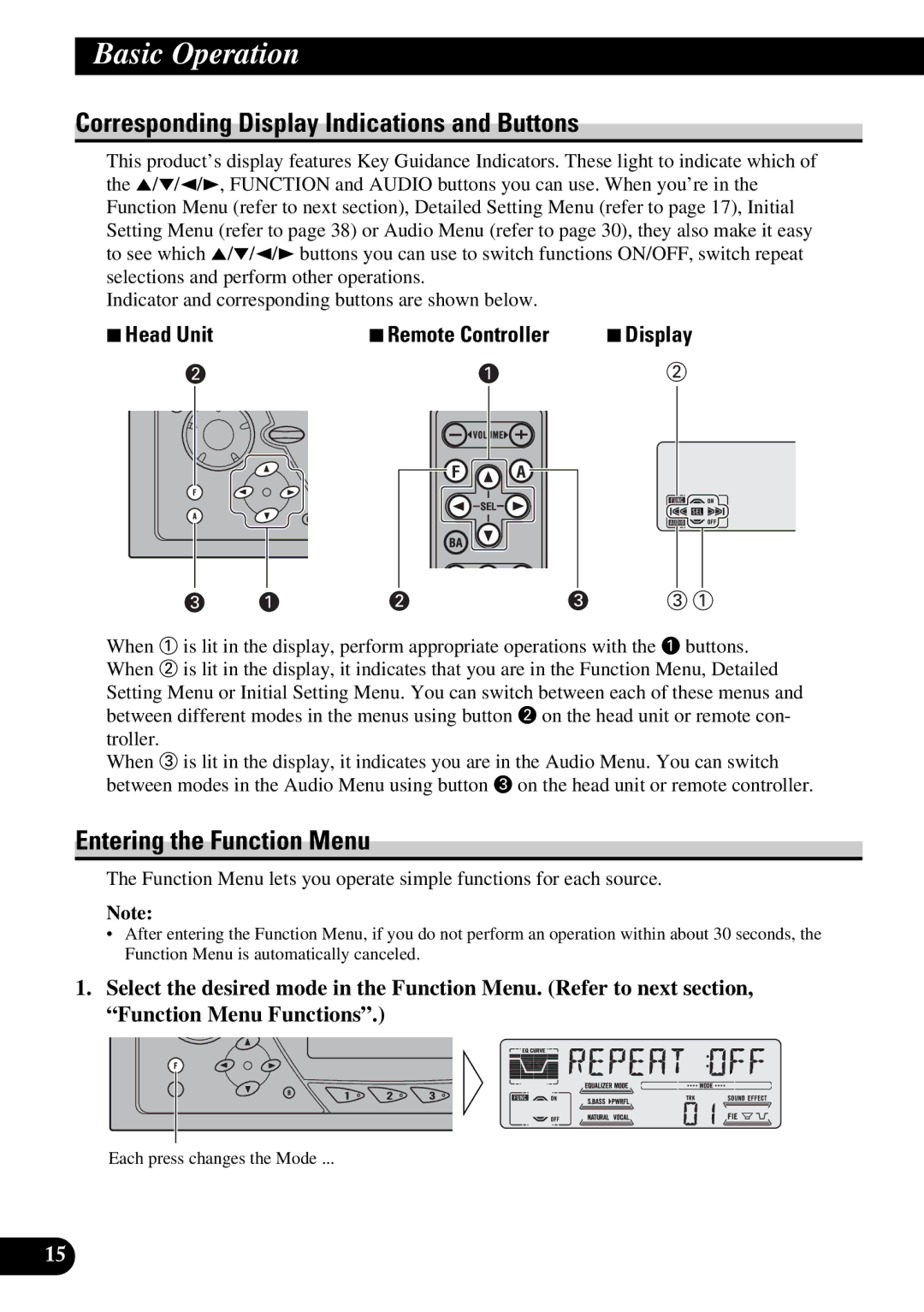 Pioneer DEH-P77DH operation manual Corresponding Display Indications and Buttons, Entering the Function Menu 