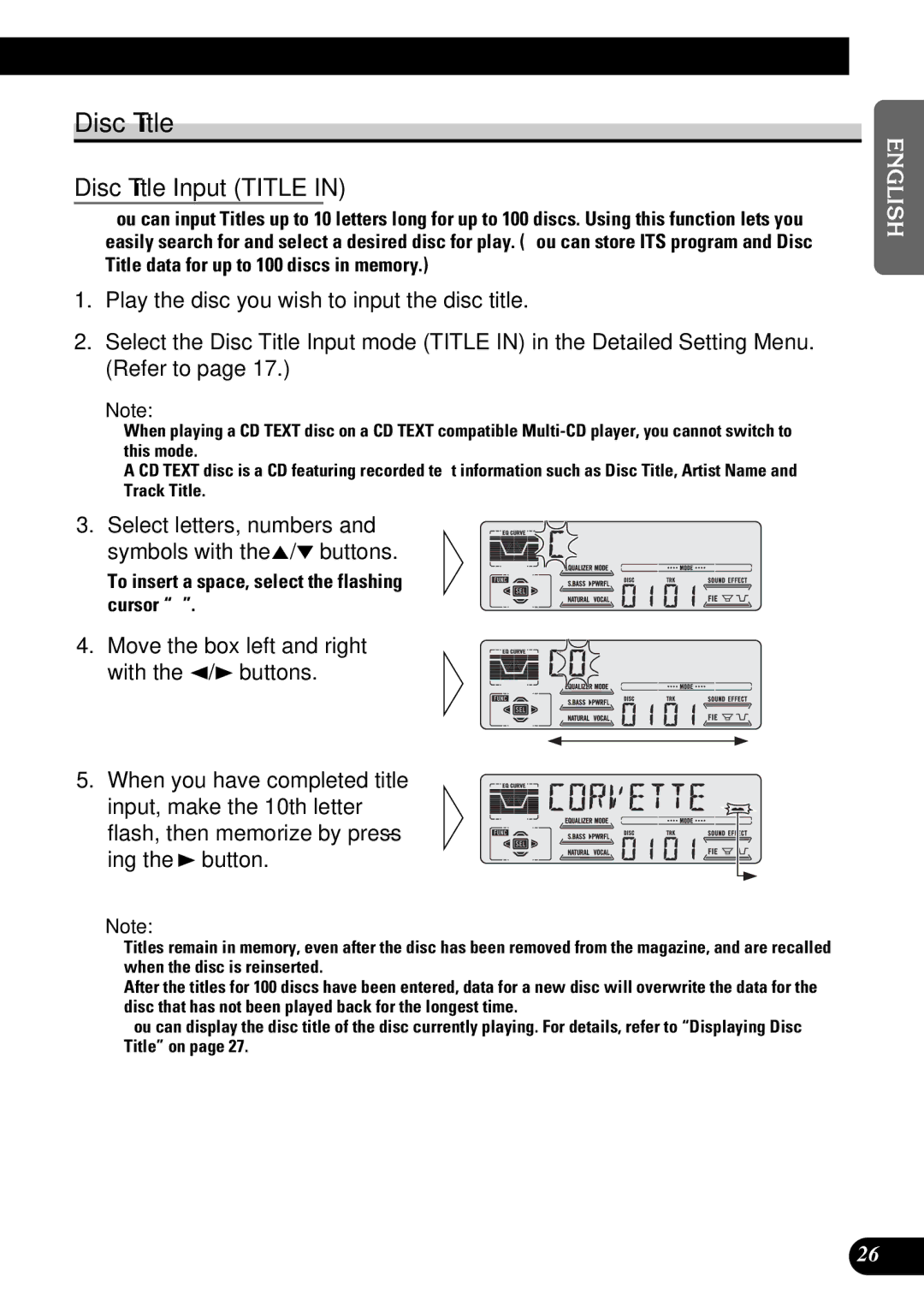 Pioneer DEH-P77DH operation manual Disc Title, Select letters, numbers and symbols with the 5/ buttons 