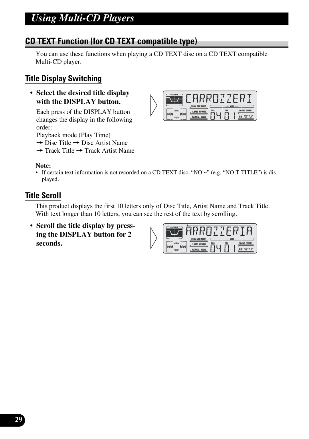 Pioneer DEH-P77DH operation manual CD Text Function for CD Text compatible type, Title Display Switching, Title Scroll 