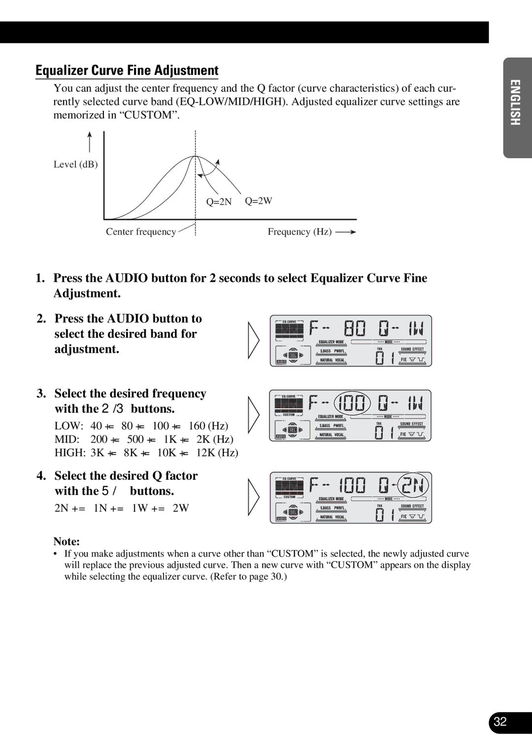 Pioneer DEH-P77DH operation manual Equalizer Curve Fine Adjustment, Select the desired Q factor with the 5/ buttons 