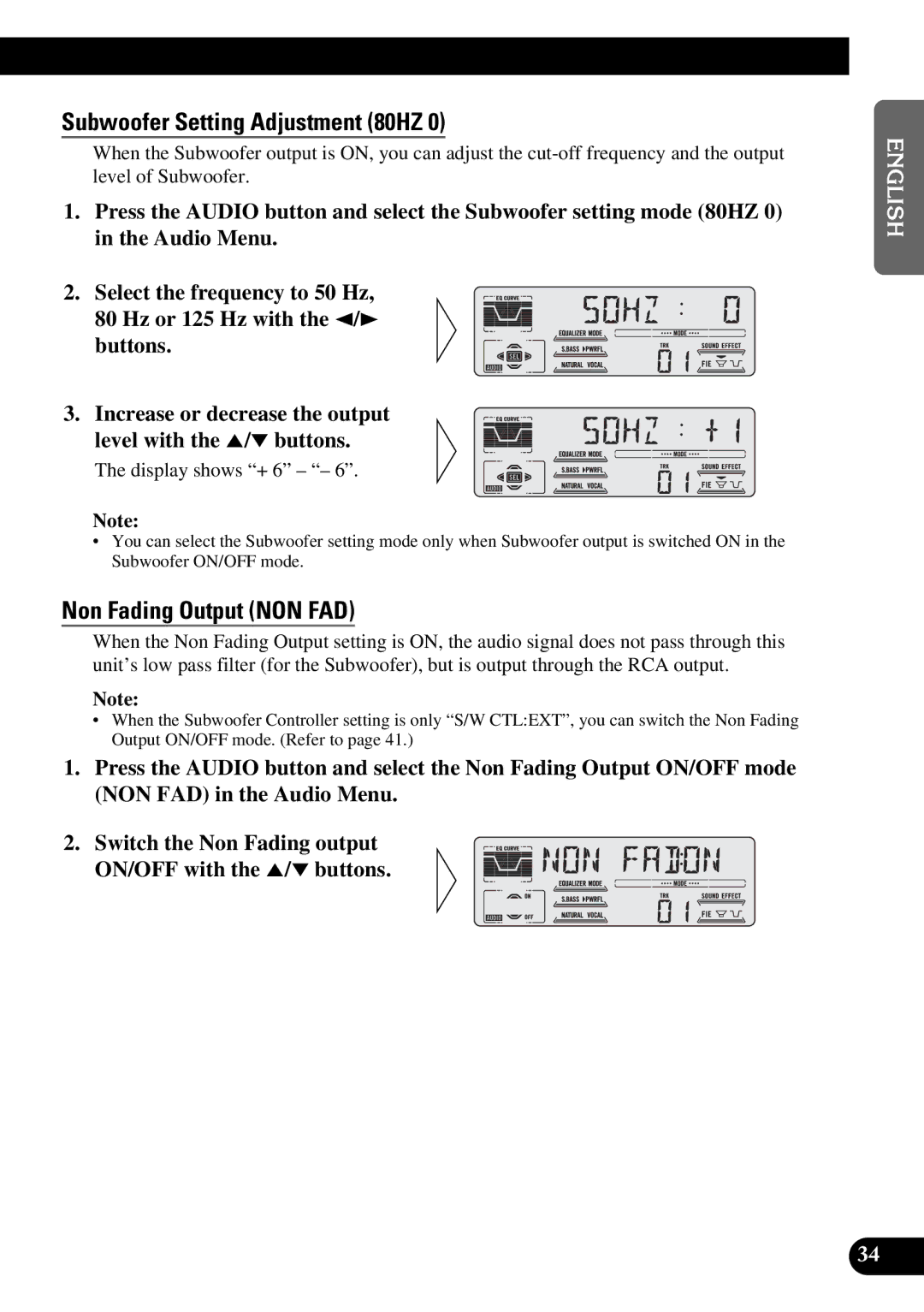 Pioneer DEH-P77DH operation manual Subwoofer Setting Adjustment 80HZ, Non Fading Output NON FAD 