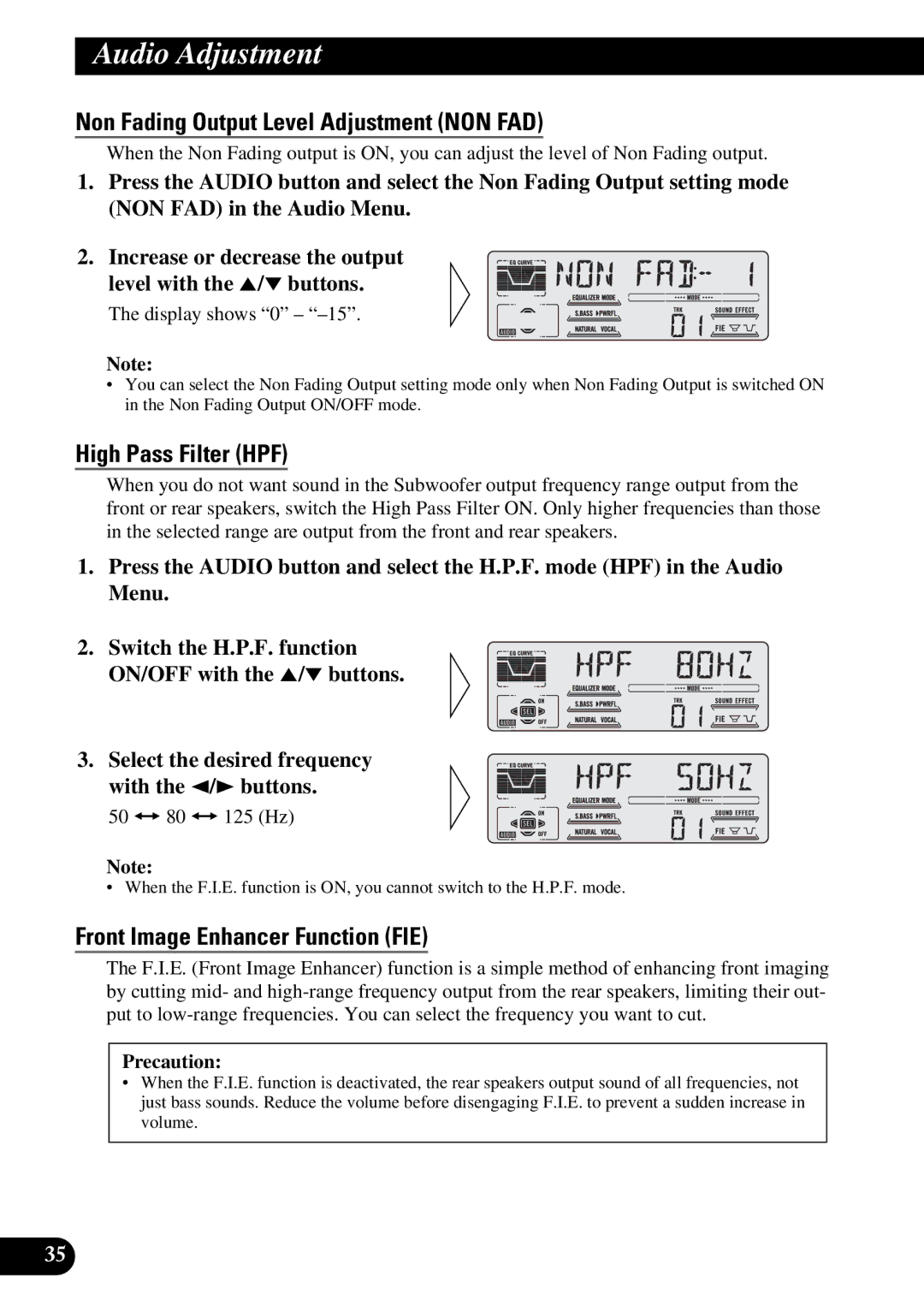 Pioneer DEH-P77DH Non Fading Output Level Adjustment NON FAD, High Pass Filter HPF, Front Image Enhancer Function FIE 