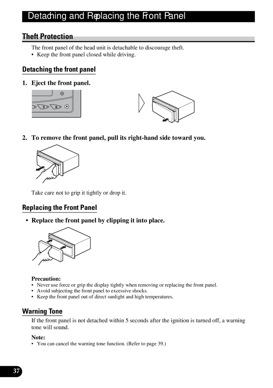 Pioneer DEH-P77DH operation manual Detaching and Replacing the Front Panel, Theft Protection, Detaching the front panel 