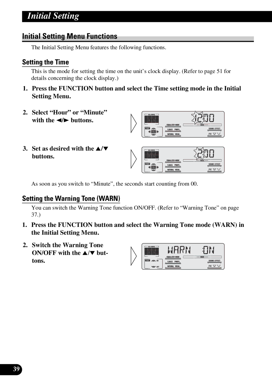 Pioneer DEH-P77DH operation manual Initial Setting Menu Functions, Setting the Time, Setting the Warning Tone Warn 