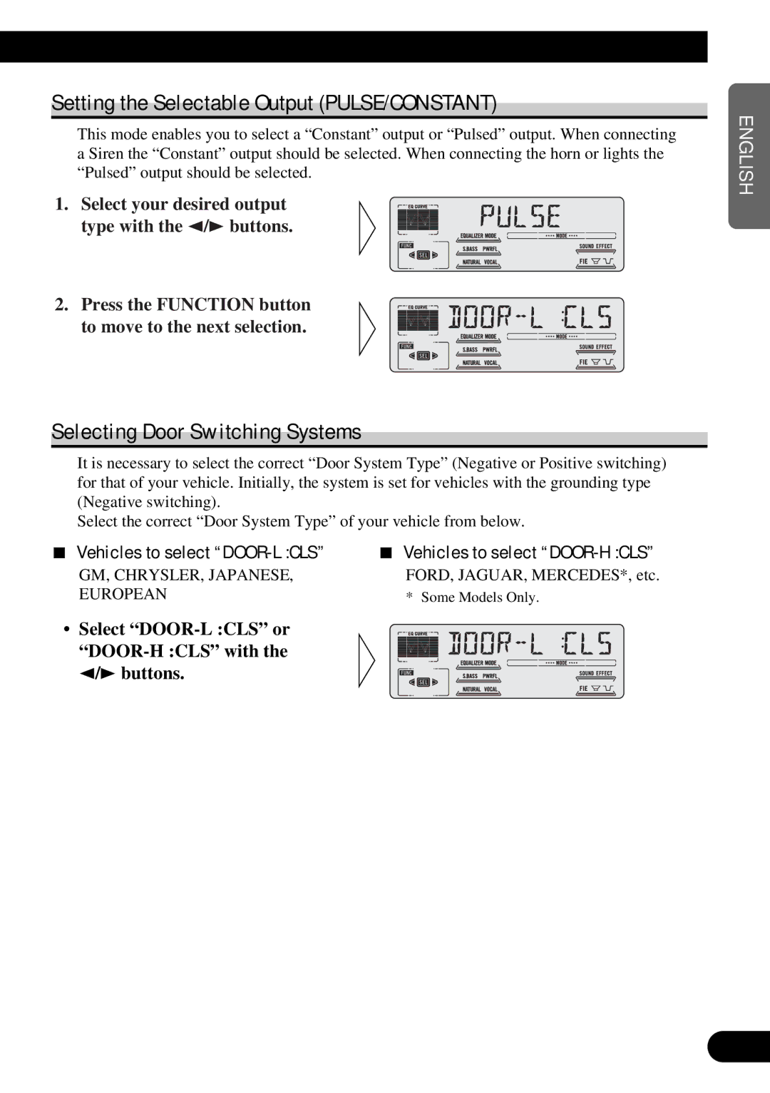 Pioneer DEH-P77DH operation manual Setting the Selectable Output PULSE/CONSTANT, Selecting Door Switching Systems 