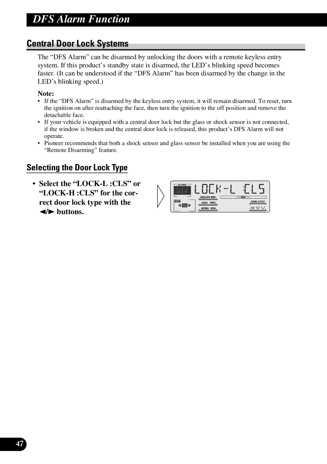 Pioneer DEH-P77DH operation manual Central Door Lock Systems, Selecting the Door Lock Type 