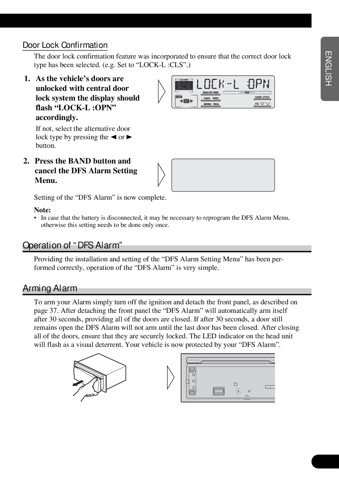 Pioneer DEH-P77DH operation manual Operation of DFS Alarm, Arming Alarm, Door Lock Confirmation 