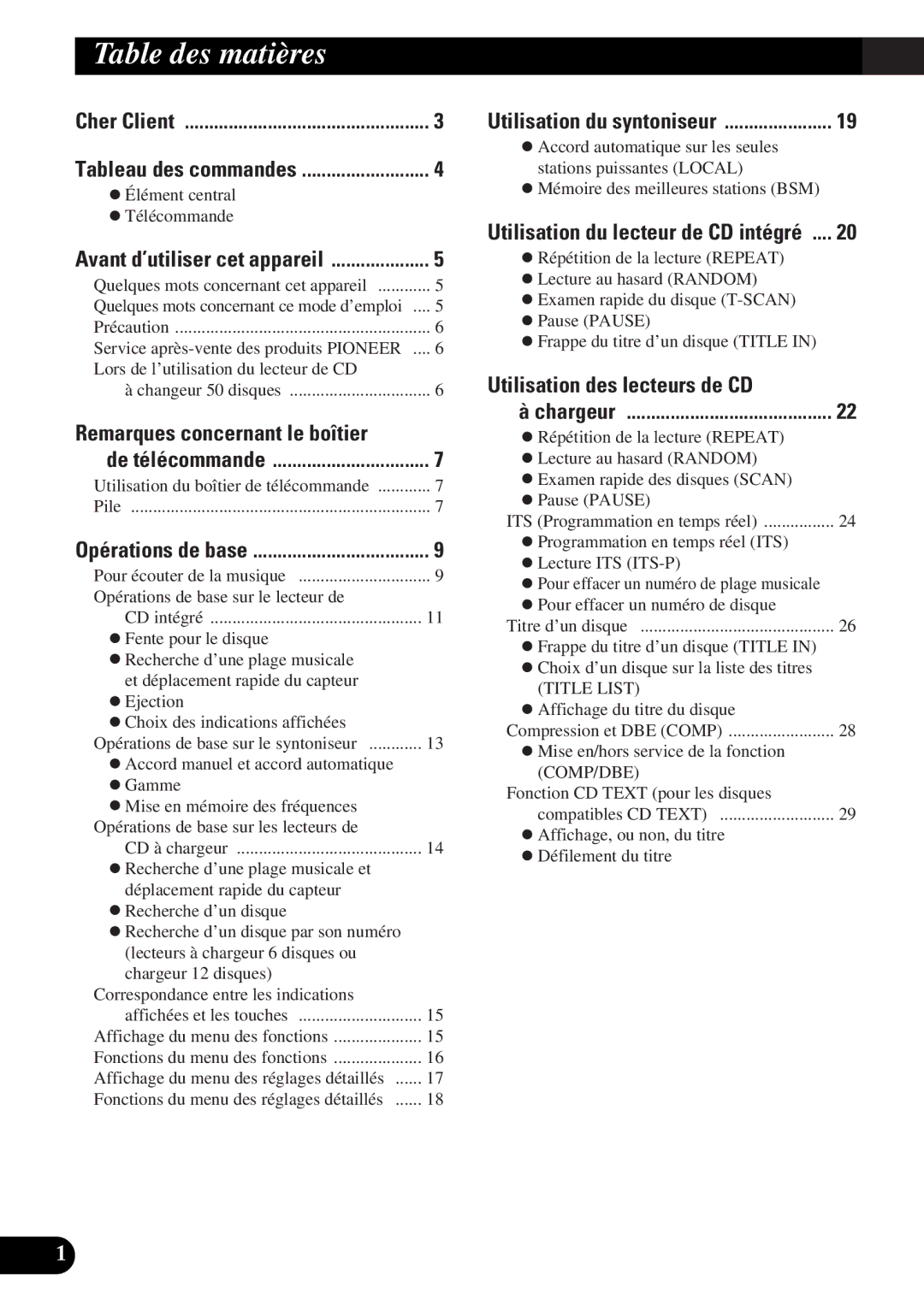 Pioneer DEH-P77DH operation manual Table des matières, Utilisation des lecteurs de CD 