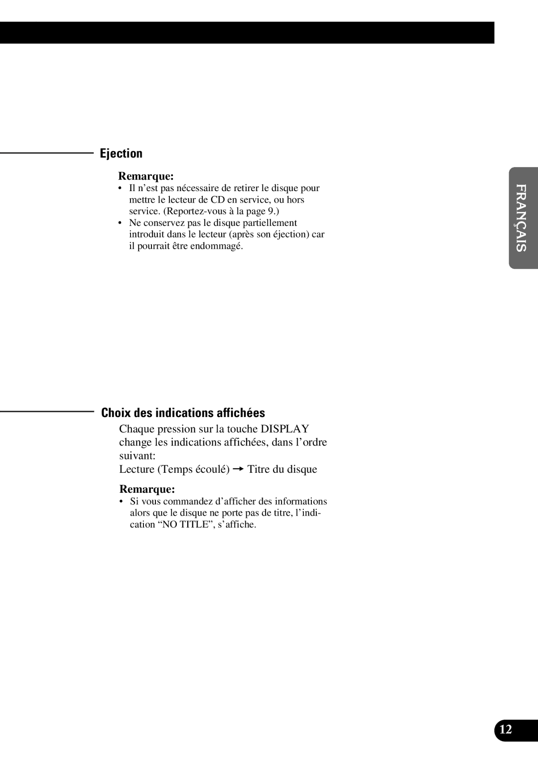 Pioneer DEH-P77DH operation manual Ejection, Choix des indications affichées 