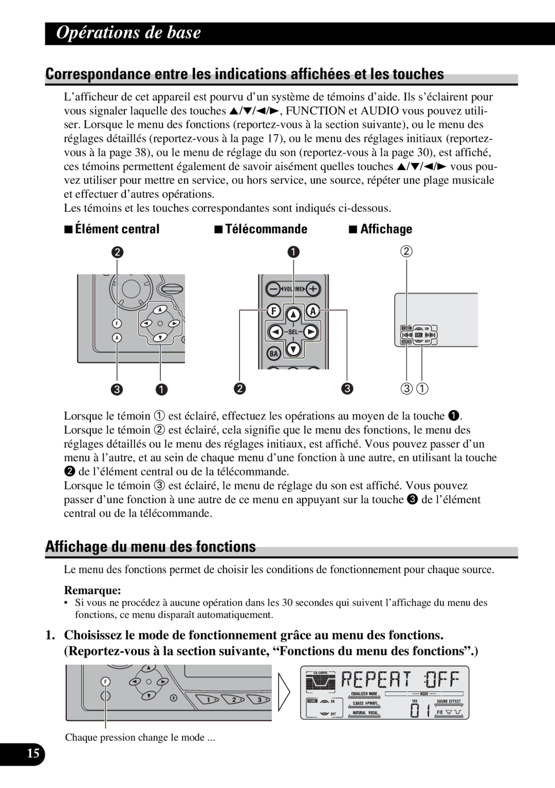 Pioneer DEH-P77DH operation manual Affichage du menu des fonctions, 7Télécommande 