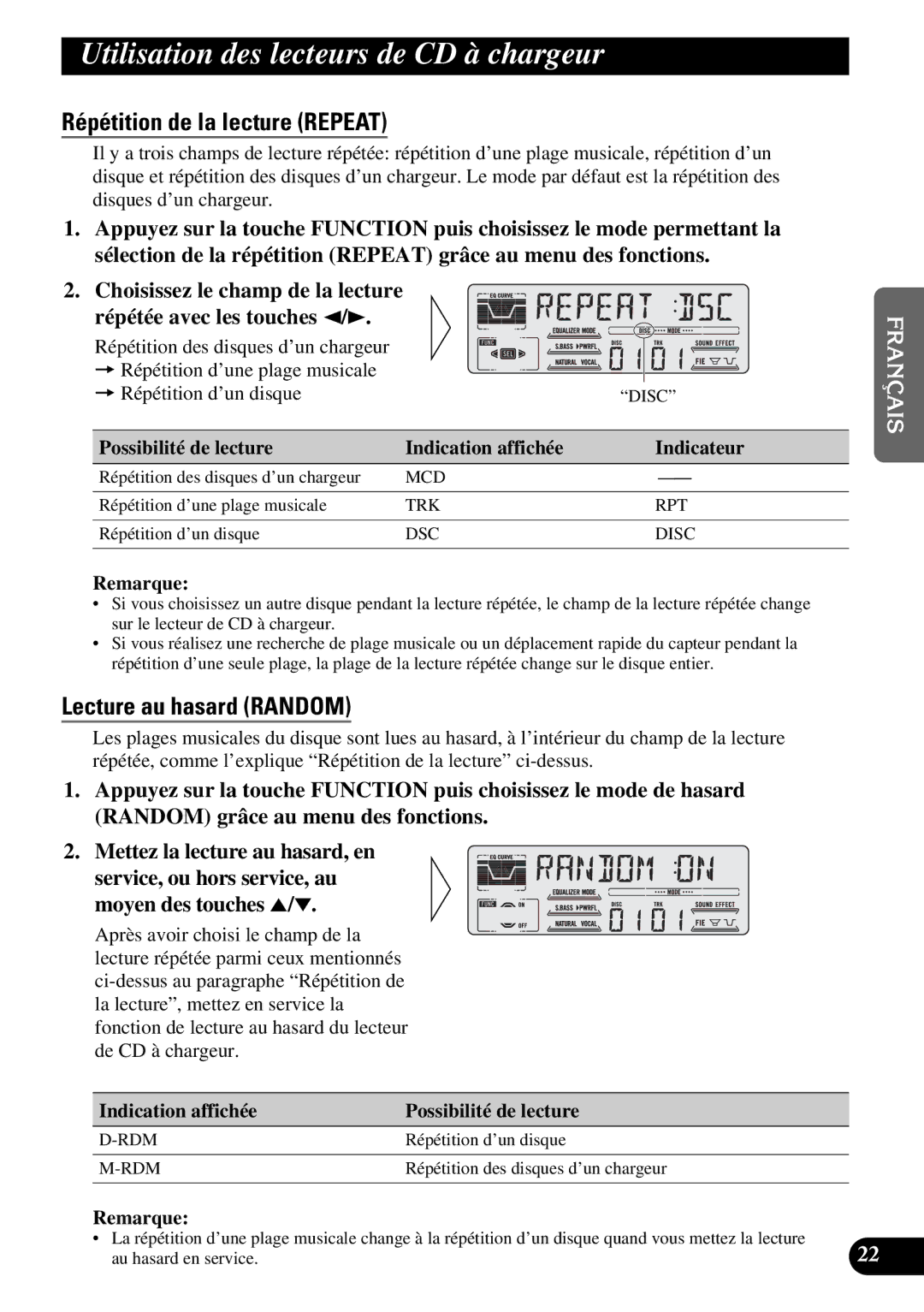 Pioneer DEH-P77DH Utilisation des lecteurs de CD à chargeur, Possibilité de lecture Indication affichée Indicateur 