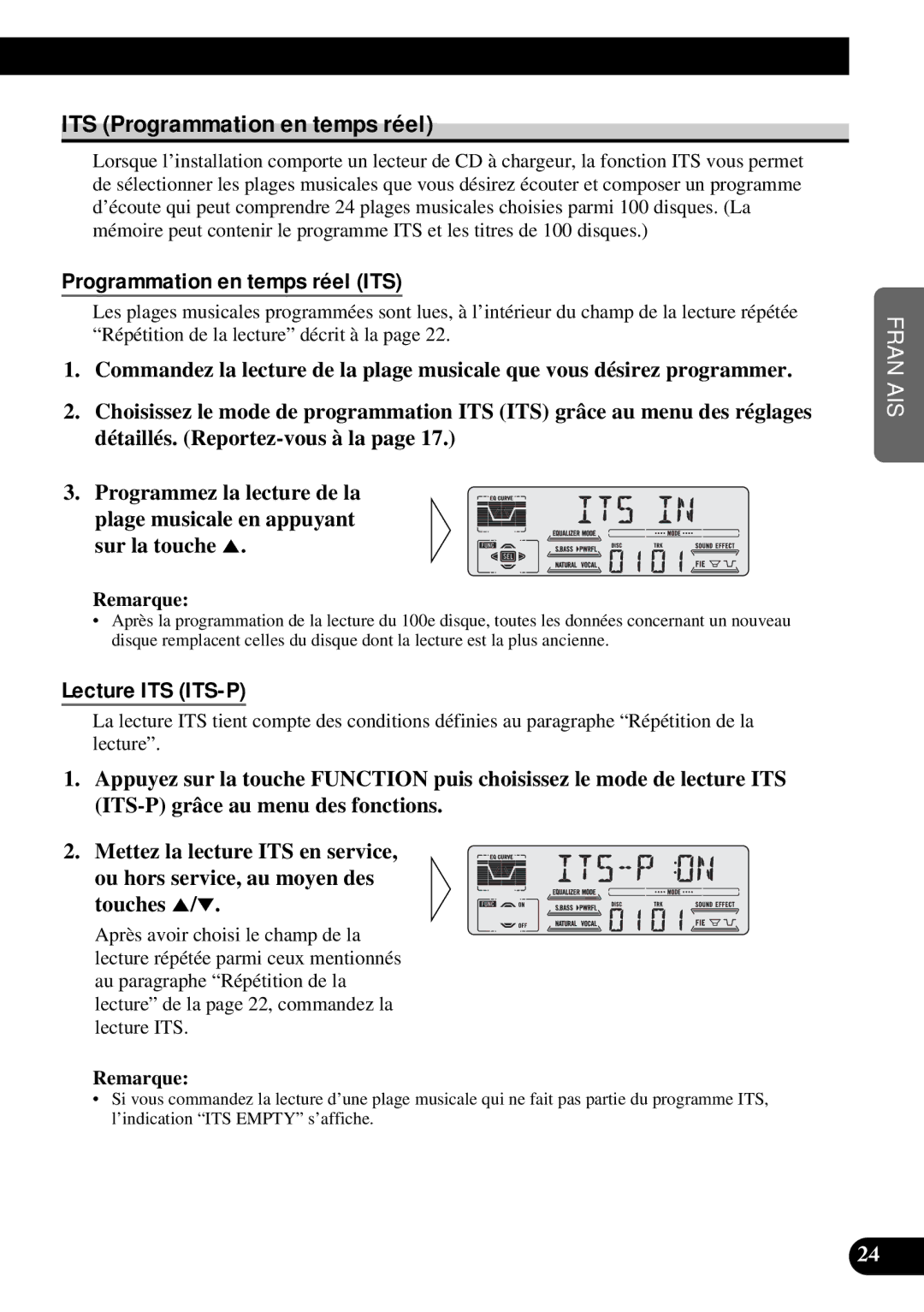 Pioneer DEH-P77DH operation manual ITS Programmation en temps réel, Programmation en temps réel ITS, Lecture ITS ITS-P 