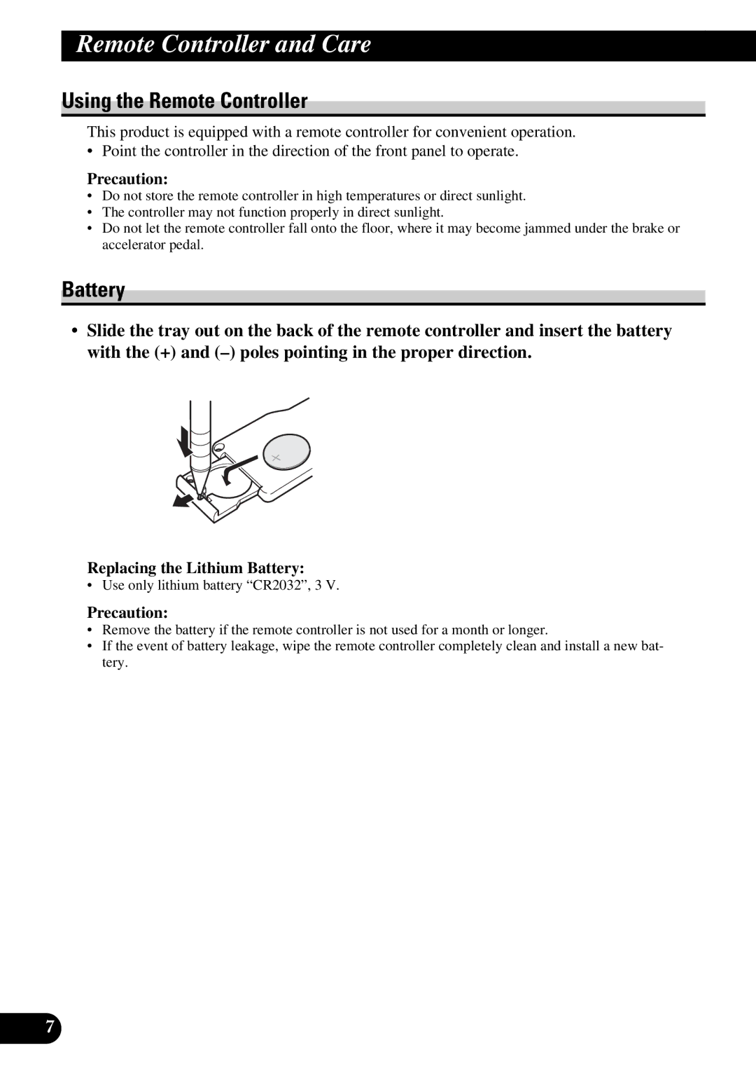 Pioneer DEH-P77DH operation manual Remote Controller and Care, Using the Remote Controller, Battery, Precaution 