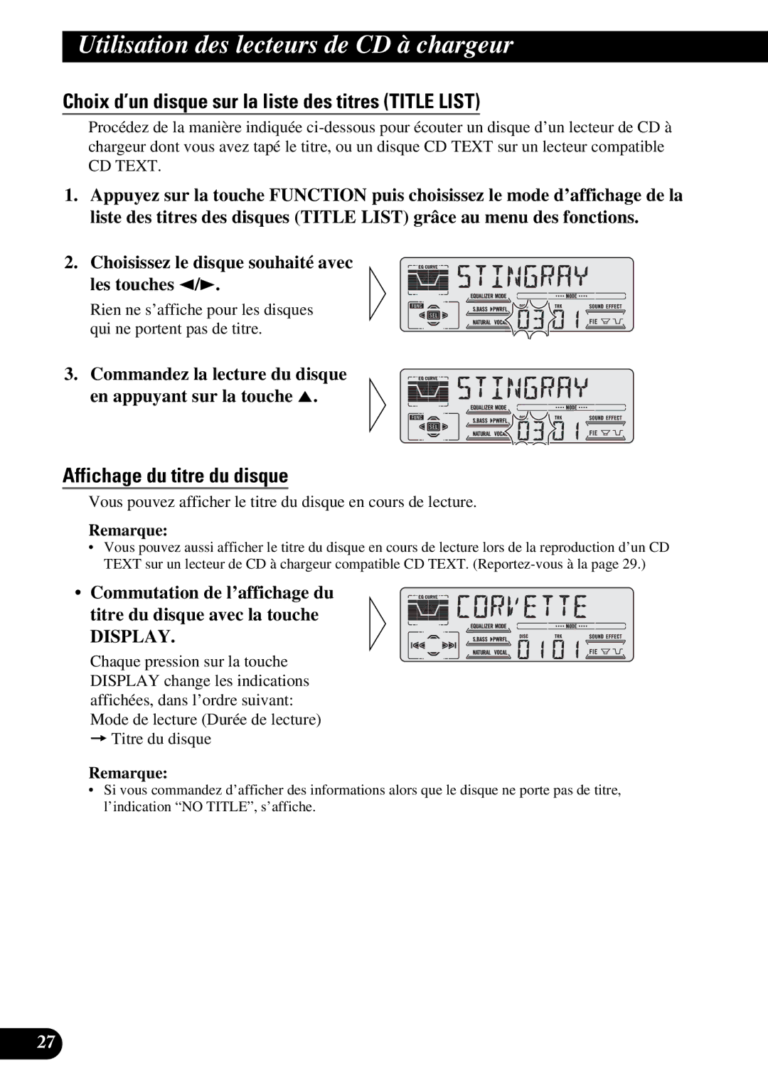 Pioneer DEH-P77DH operation manual Choix d’un disque sur la liste des titres Title List, Affichage du titre du disque 