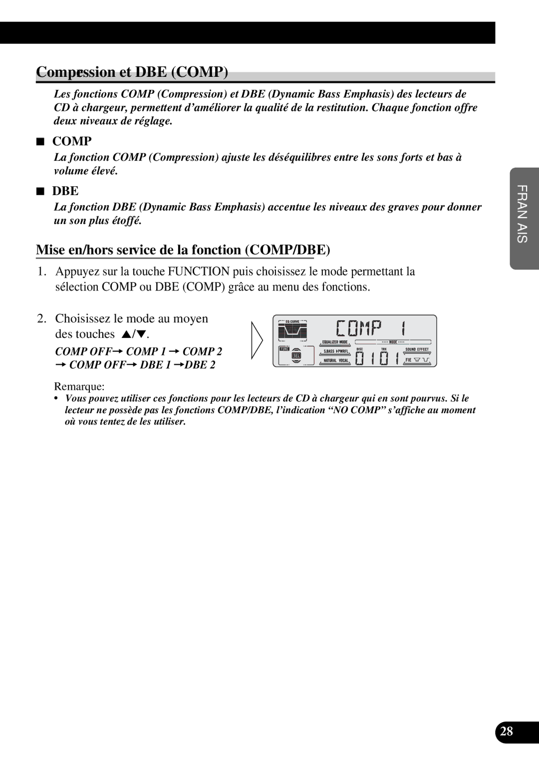 Pioneer DEH-P77DH operation manual Compression et DBE Comp, Mise en/hors service de la fonction COMP/DBE 