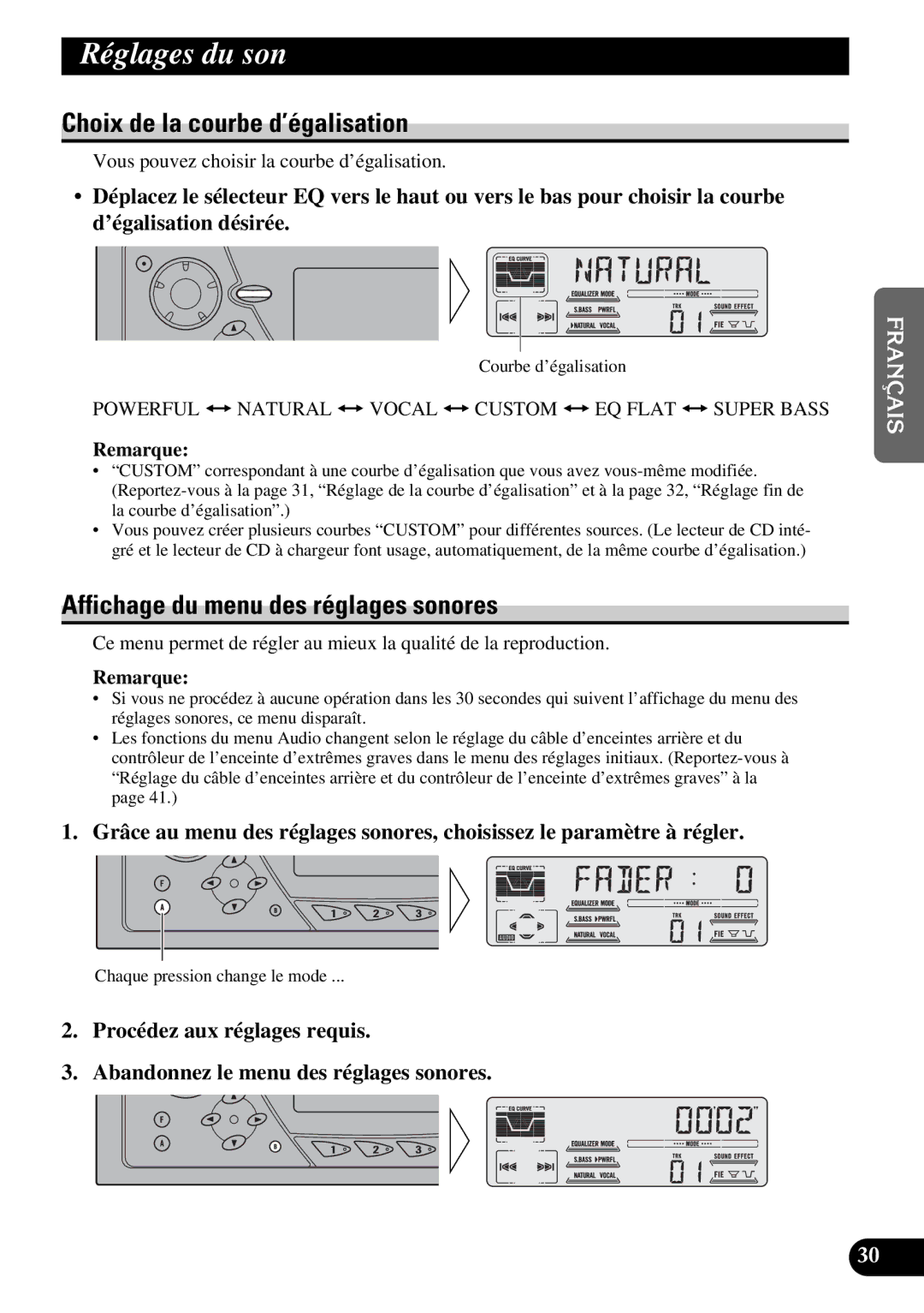 Pioneer DEH-P77DH Réglages du son, Choix de la courbe d’égalisation, Affichage du menu des réglages sonores 