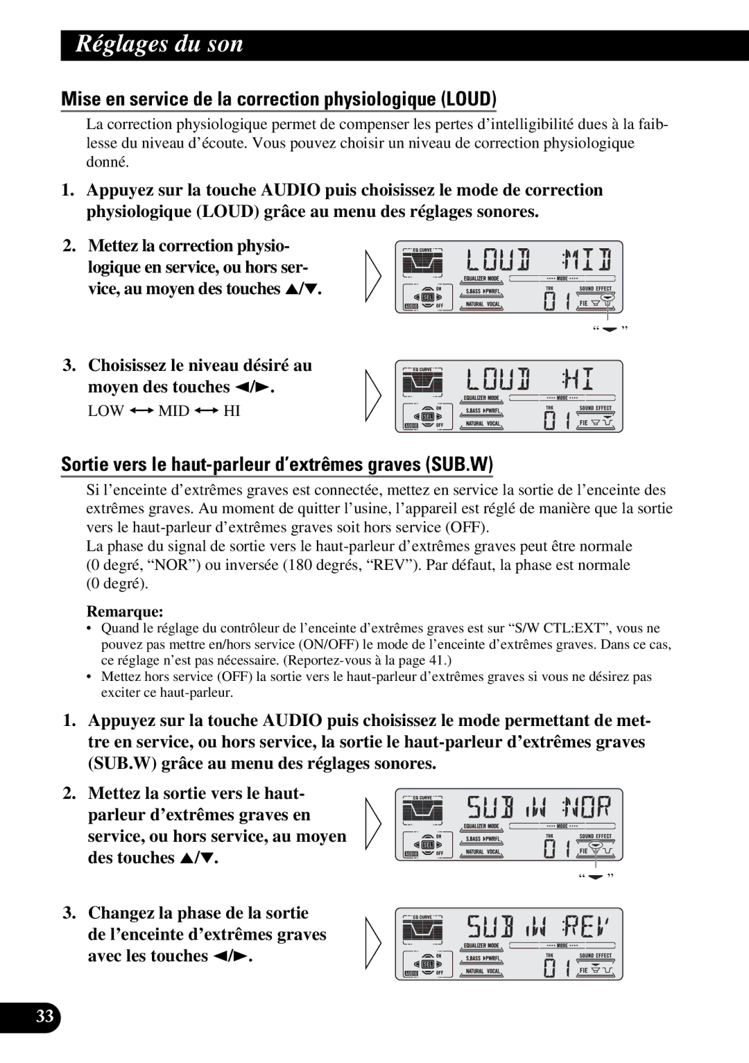 Pioneer DEH-P77DH Mise en service de la correction physiologique Loud, Sortie vers le haut-parleur d’extrêmes graves SUB.W 