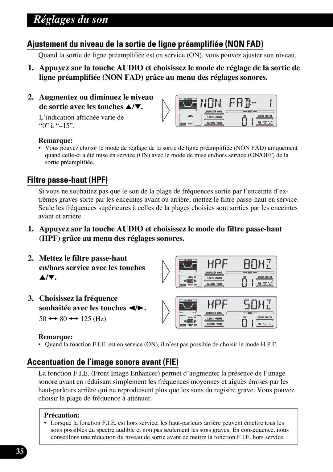 Pioneer DEH-P77DH operation manual Filtre passe-haut HPF, Accentuation de l’image sonore avant FIE 