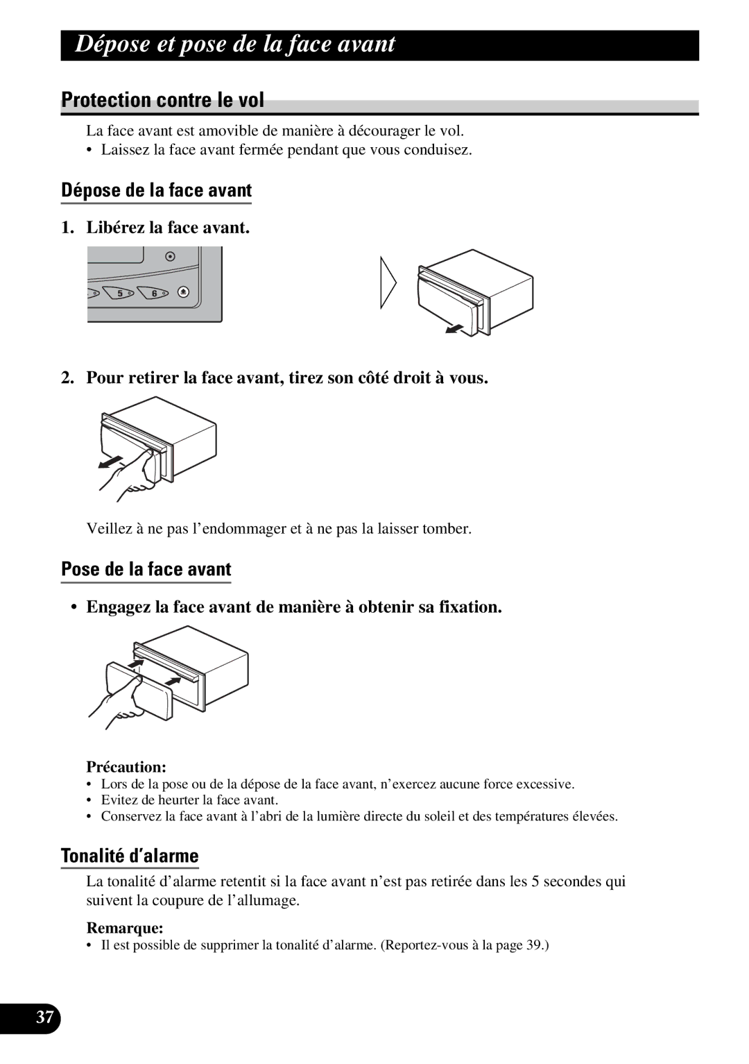 Pioneer DEH-P77DH Dépose et pose de la face avant, Protection contre le vol, Dépose de la face avant, Tonalité d’alarme 