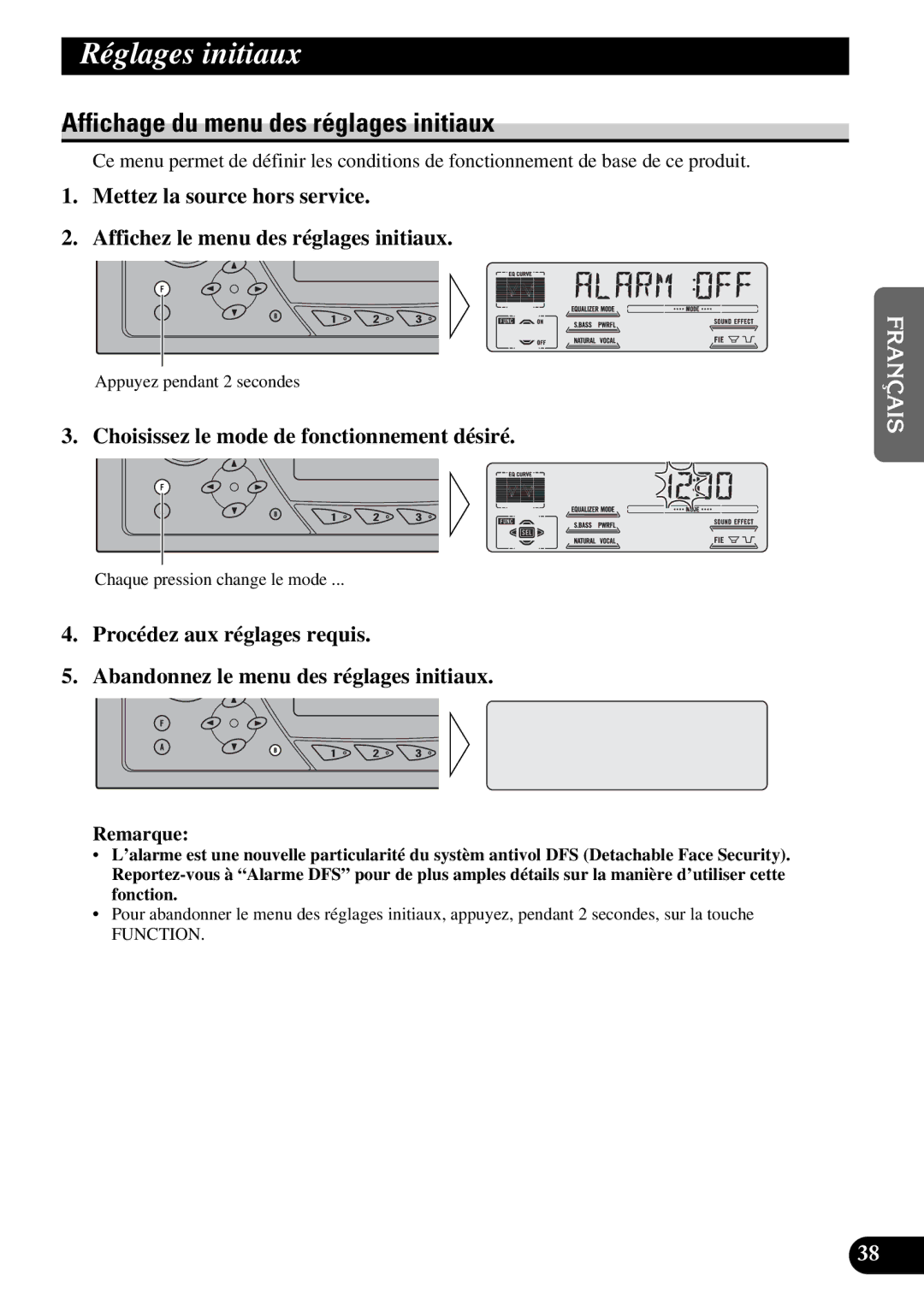 Pioneer DEH-P77DH Réglages initiaux, Affichage du menu des réglages initiaux, Choisissez le mode de fonctionnement désiré 