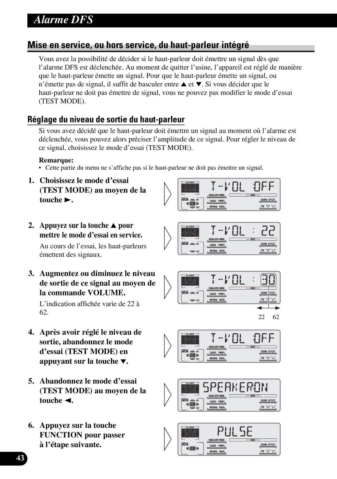 Pioneer DEH-P77DH Mise en service, ou hors service, du haut-parleur intégré, Réglage du niveau de sortie du haut-parleur 