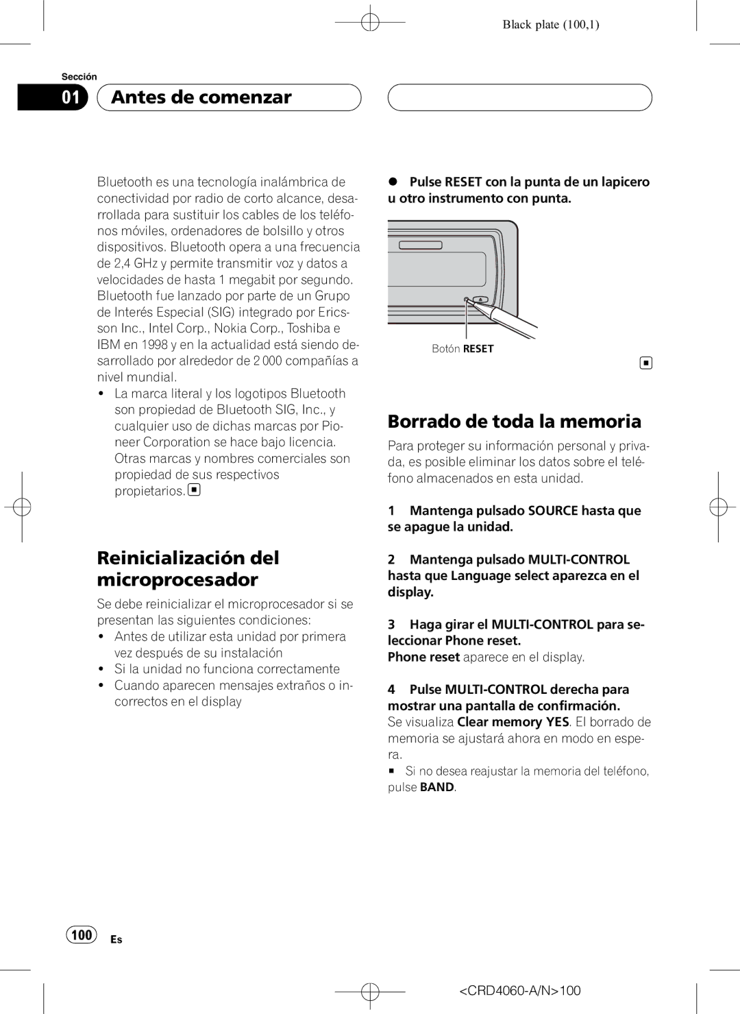 Pioneer DEH-P7850BT operation manual Reinicialización del microprocesador, Borrado de toda la memoria, 100 Es 