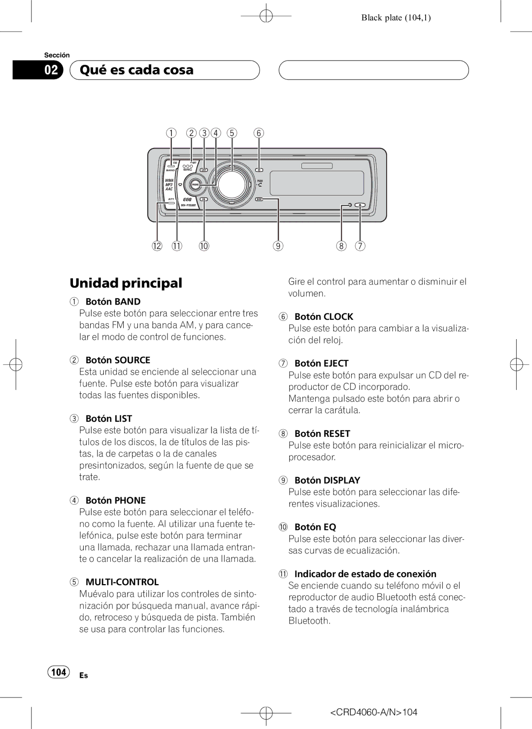 Pioneer DEH-P7850BT operation manual 02 Qué es cada cosa, Unidad principal, 104 Es 