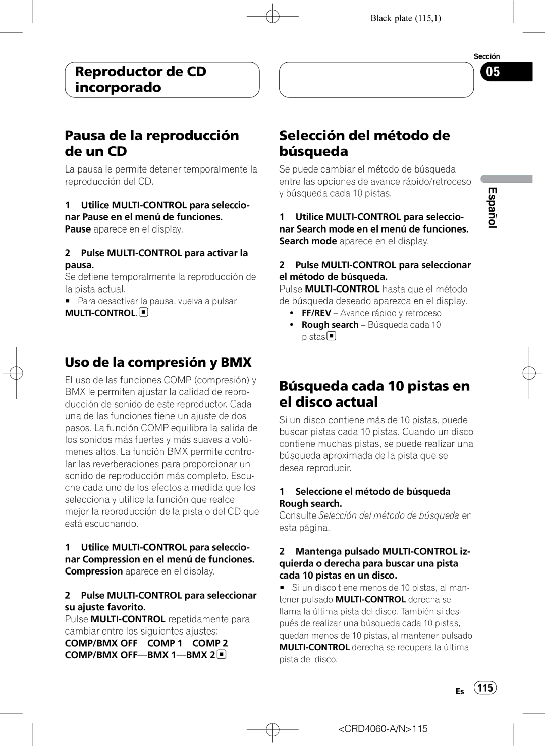 Pioneer DEH-P7850BT operation manual Selección del método de búsqueda, Uso de la compresión y BMX, Búsqueda cada 10 pistas 