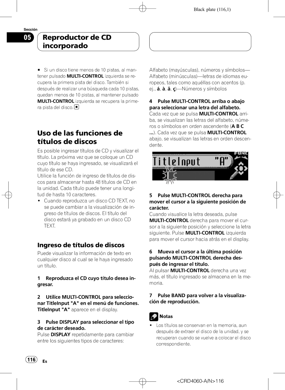 Pioneer DEH-P7850BT operation manual Uso de las funciones de títulos de discos, Ingreso de títulos de discos, 116 Es 