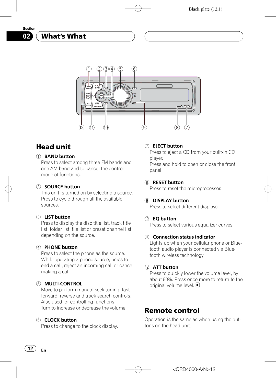 Pioneer DEH-P7850BT operation manual What’s What, Head unit, Remote control, CRD4060-A/N12 