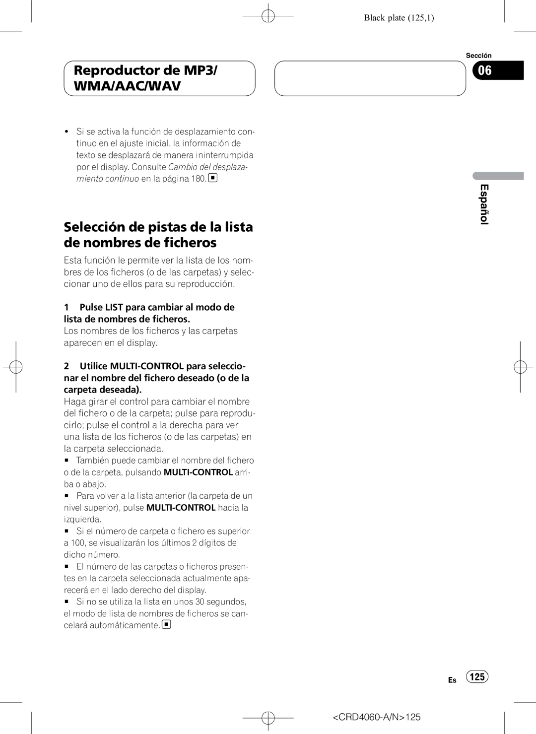 Pioneer DEH-P7850BT Selección de pistas de la lista de nombres de ficheros, Izquierda, Dicho número, CRD4060-A/N125 