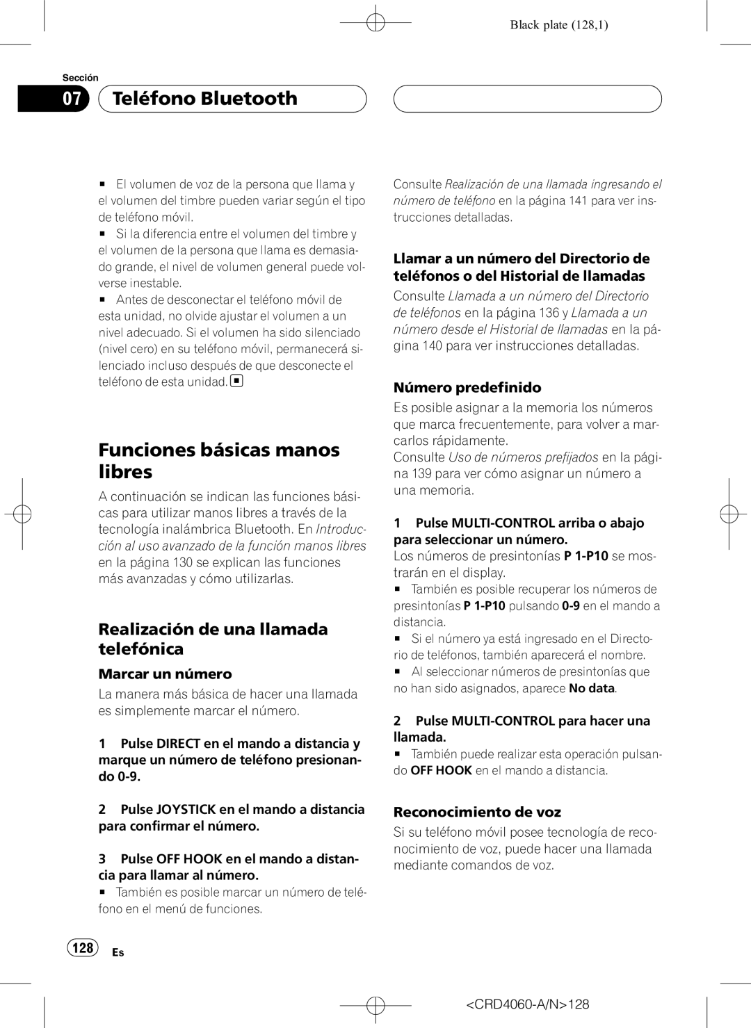 Pioneer DEH-P7850BT operation manual Funciones básicas manos libres, Realización de una llamada telefónica 