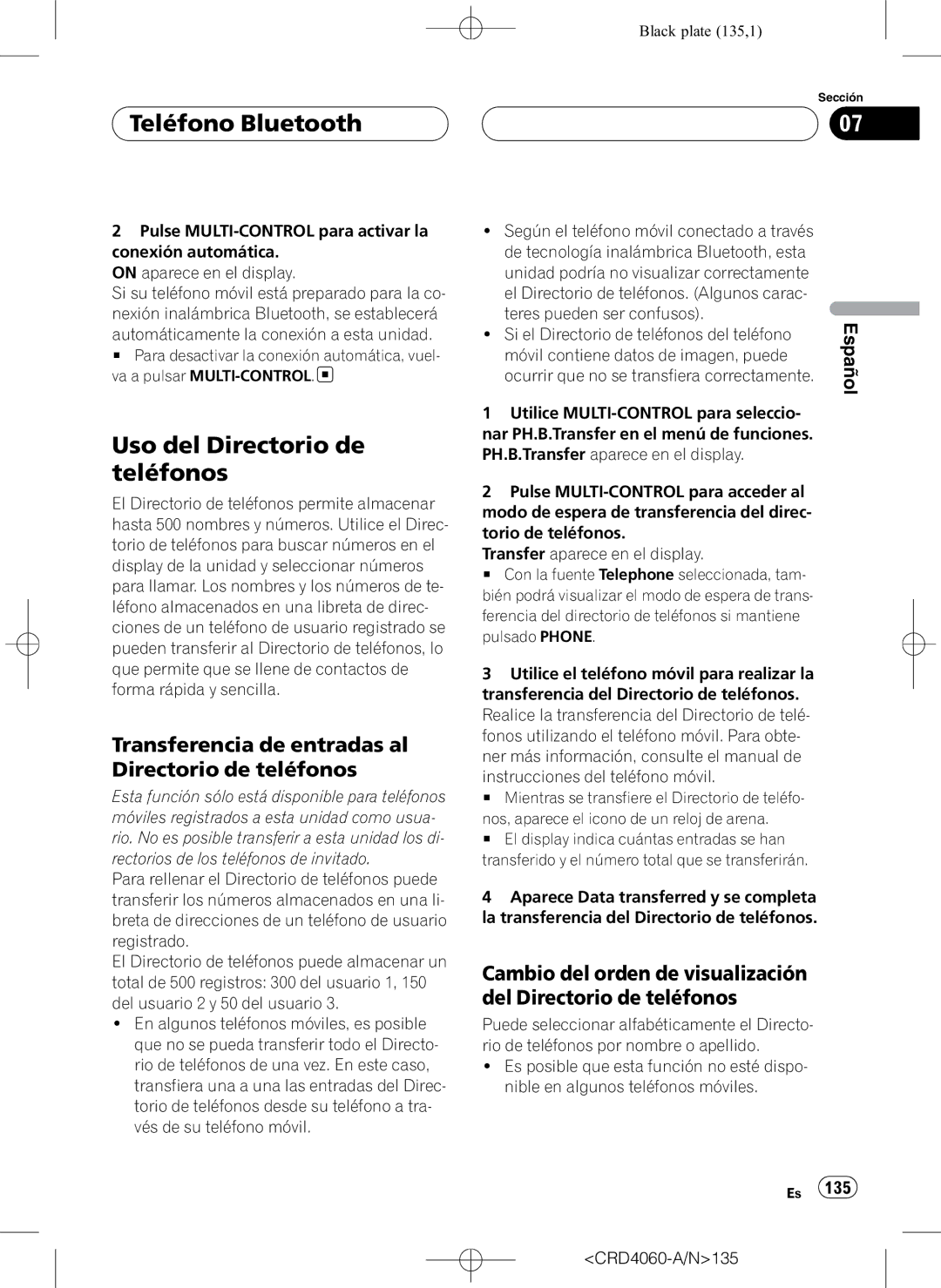 Pioneer DEH-P7850BT operation manual Uso del Directorio de teléfonos, Transferencia de entradas al Directorio de teléfonos 