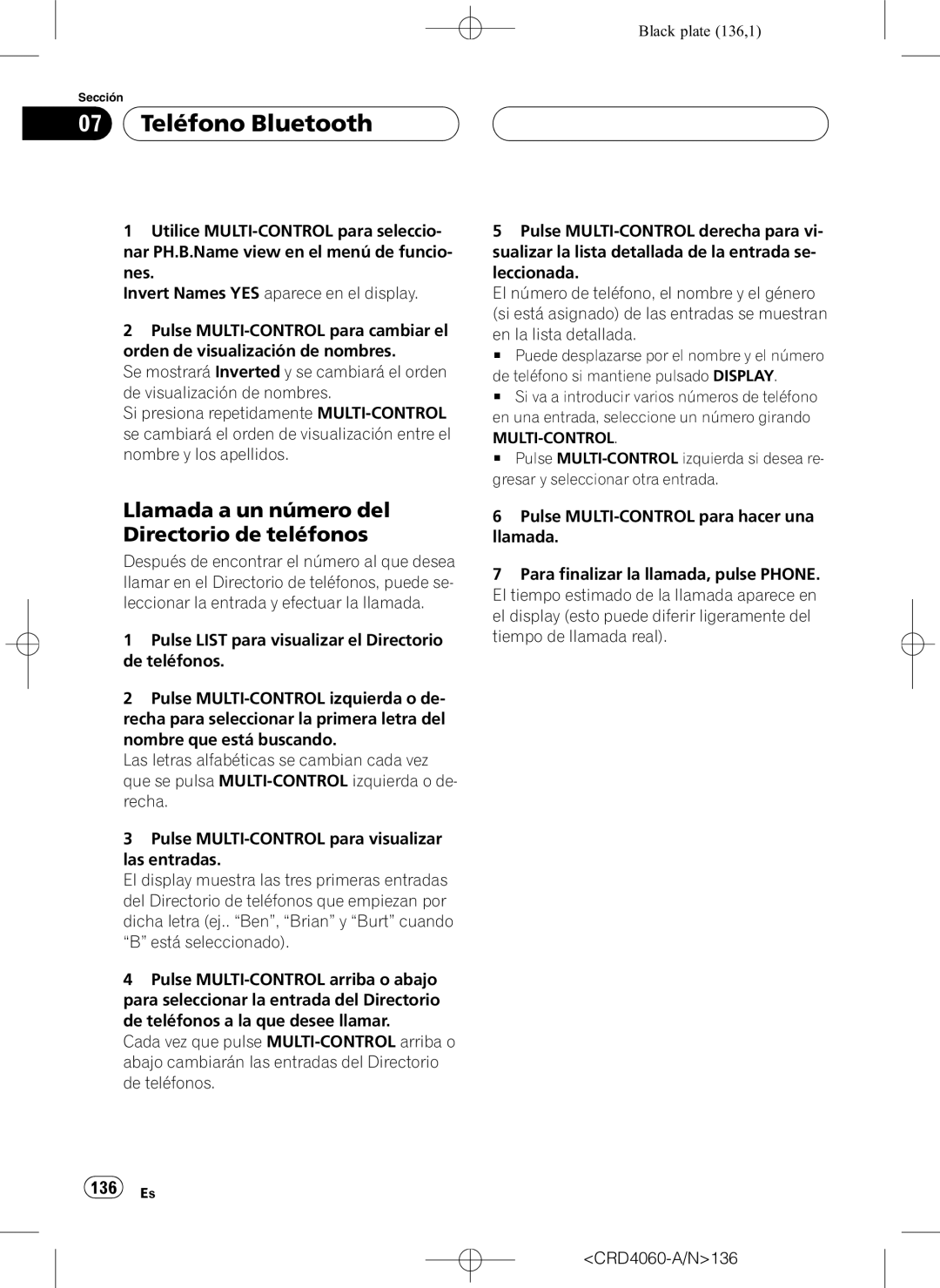 Pioneer DEH-P7850BT operation manual Llamada a un número del Directorio de teléfonos, 136 Es, CRD4060-A/N136 