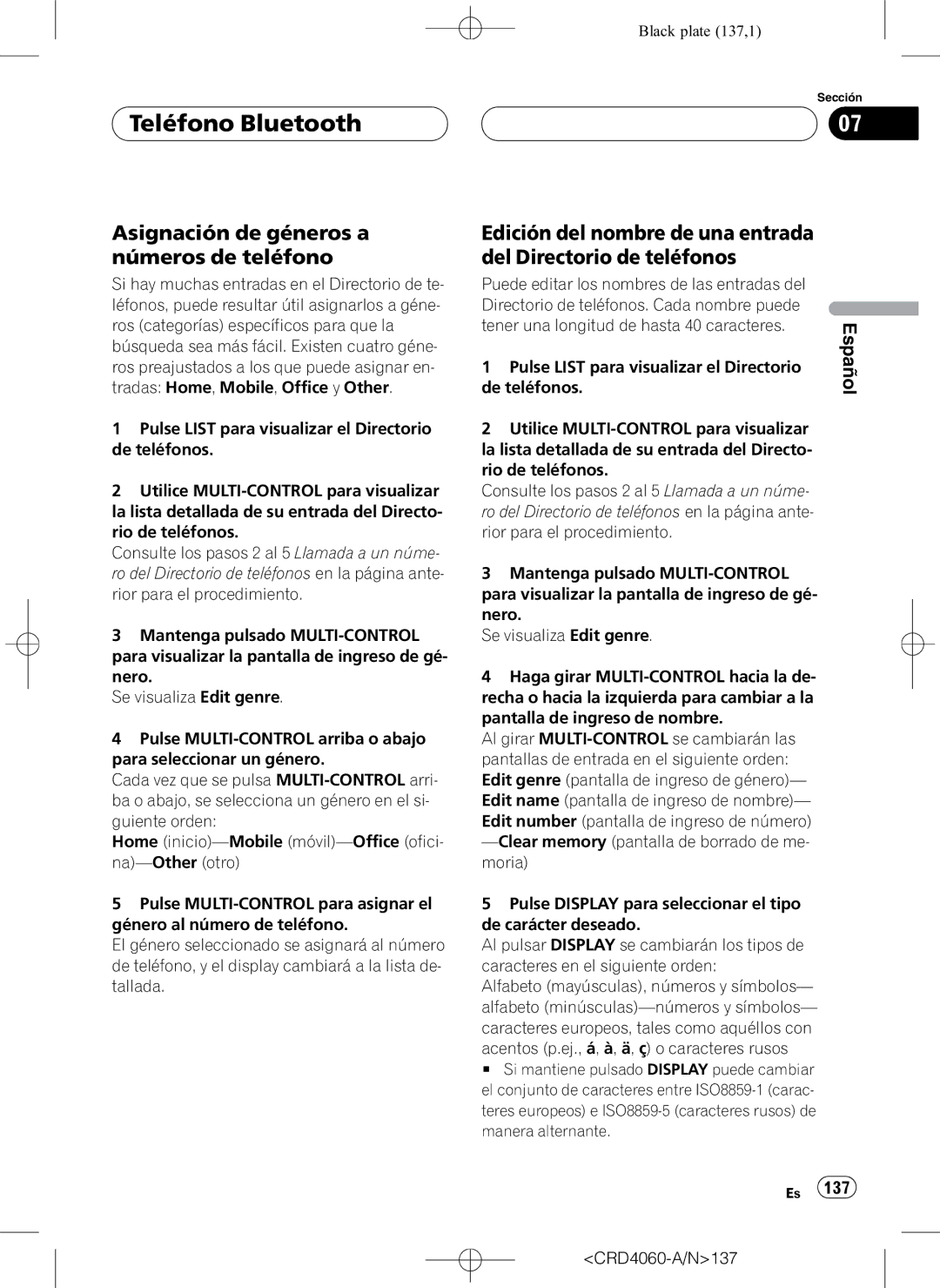 Pioneer DEH-P7850BT operation manual Asignación de géneros a números de teléfono, Manera alternante CRD4060-A/N137 