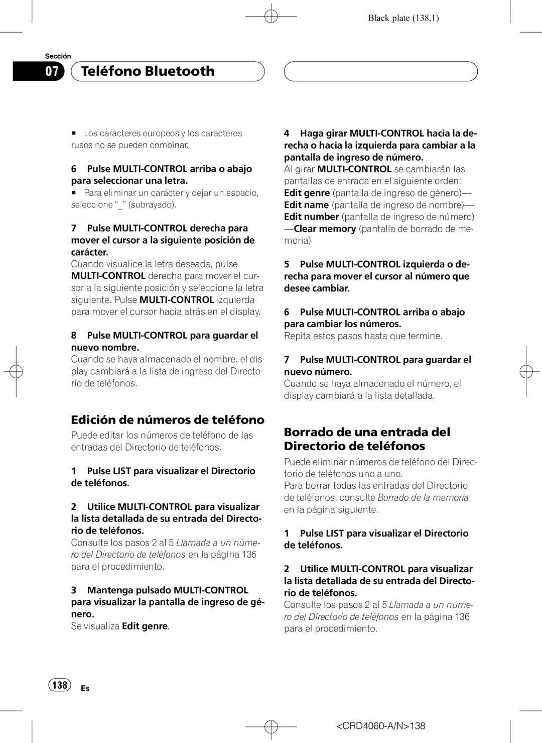 Pioneer DEH-P7850BT Edición de números de teléfono, Borrado de una entrada del Directorio de teléfonos, 138 Es 