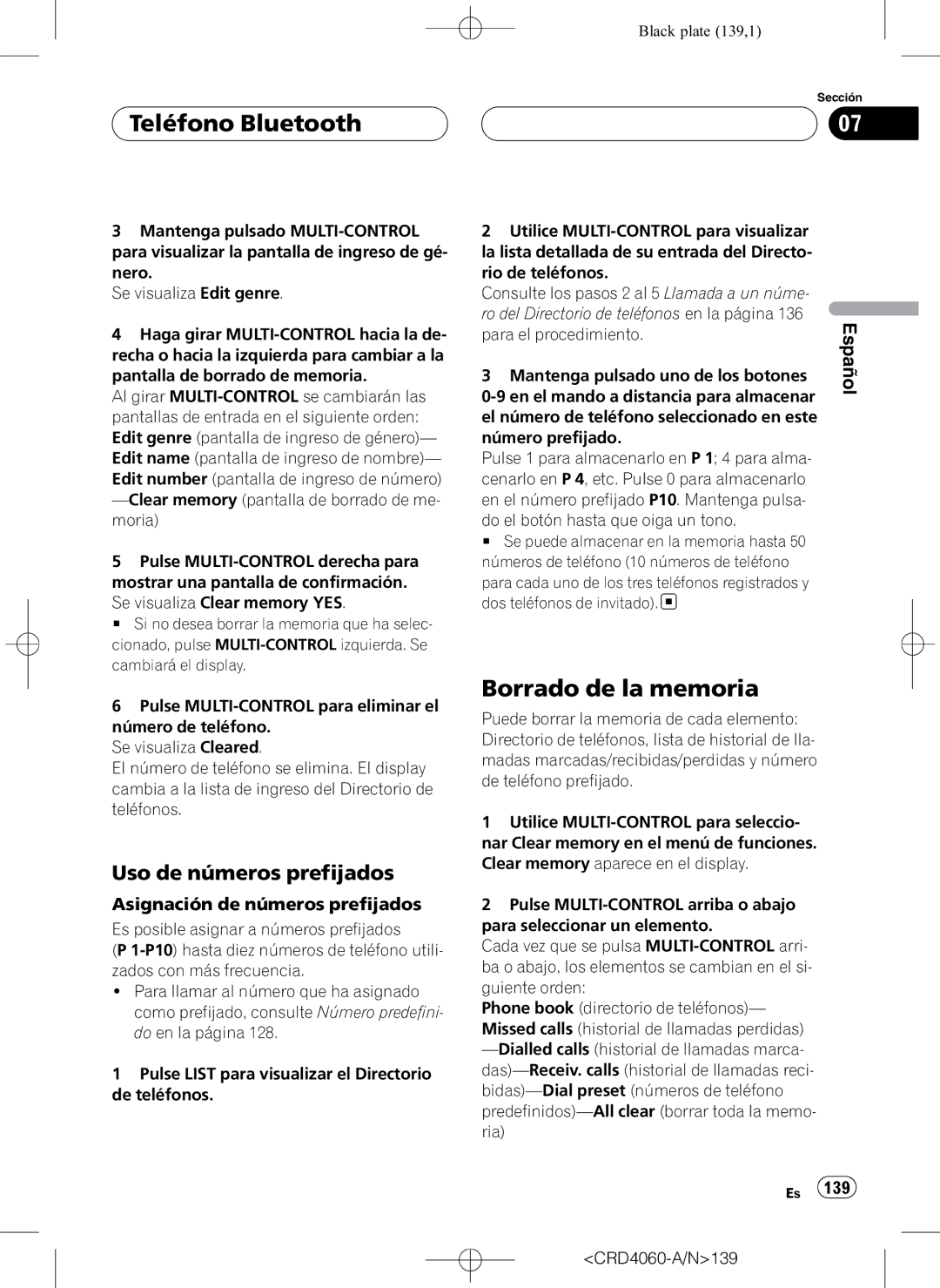 Pioneer DEH-P7850BT operation manual Borrado de la memoria, Uso de números prefijados, Asignación de números prefijados 