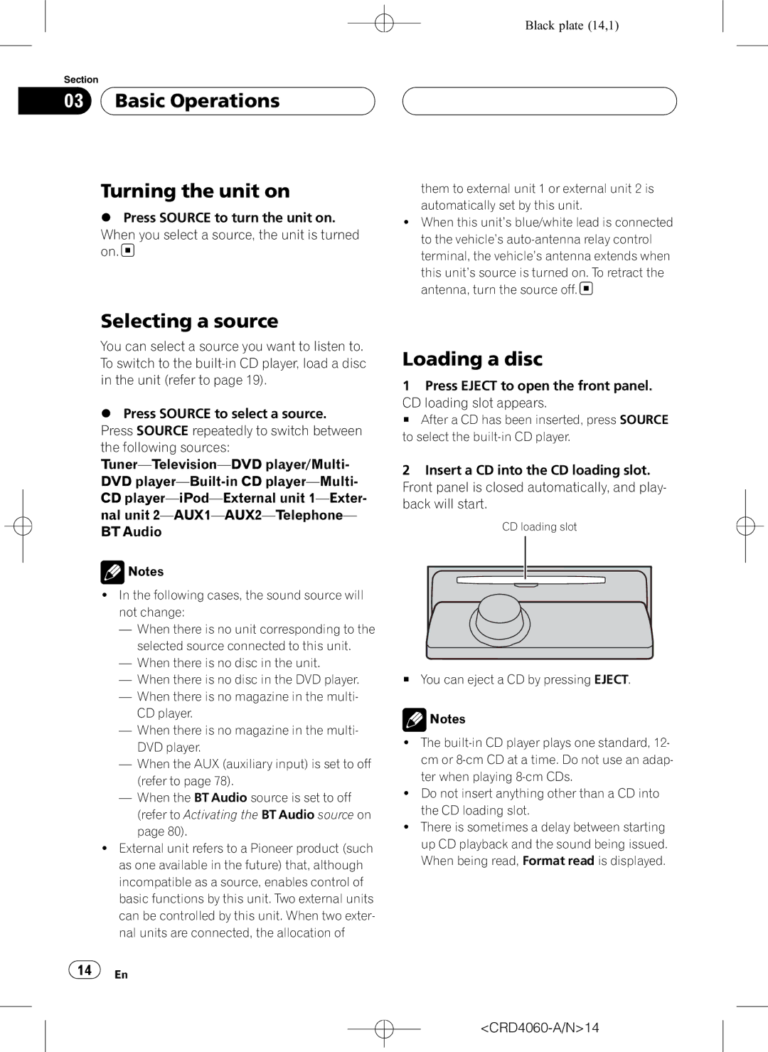 Pioneer DEH-P7850BT Basic Operations Turning the unit on, Selecting a source, Loading a disc, CRD4060-A/N14 