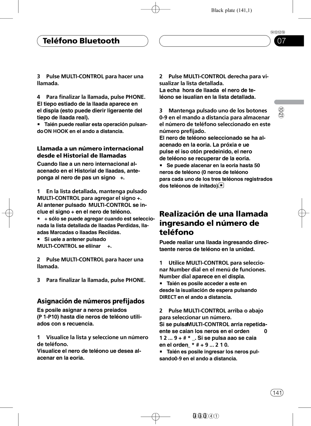 Pioneer DEH-P7850BT Realización de una llamada ingresando el número de teléfono, Asignación de números prefijados 