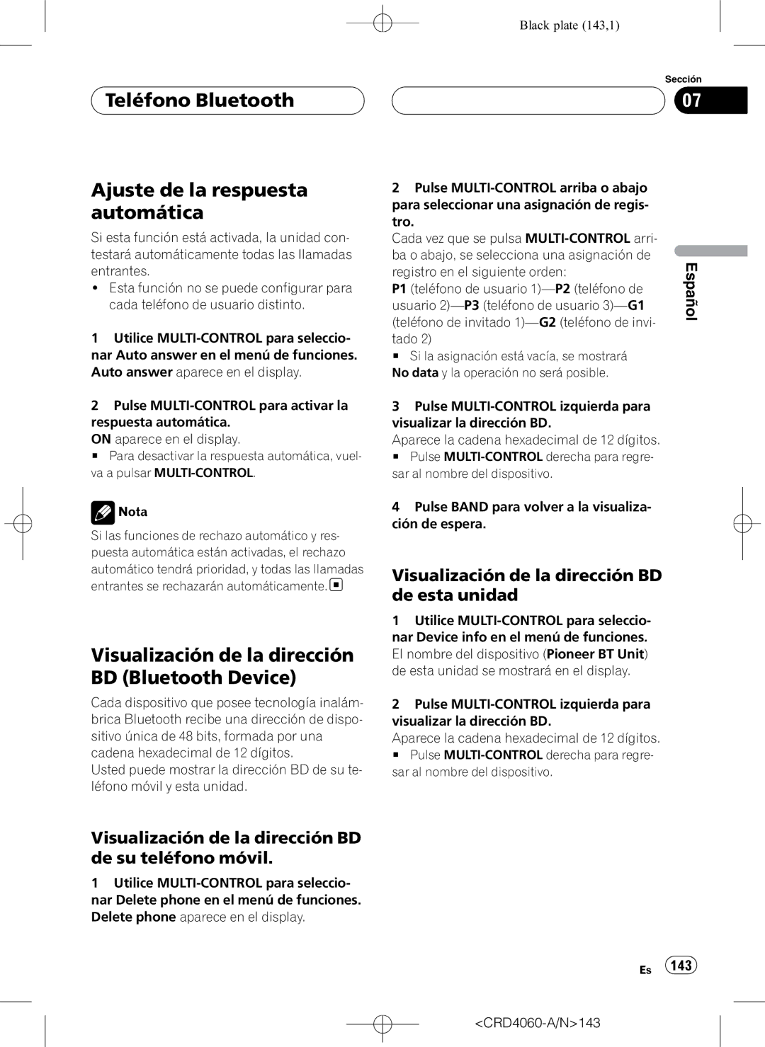 Pioneer DEH-P7850BT Teléfono Bluetooth Ajuste de la respuesta automática, Visualización de la dirección BD de esta unidad 