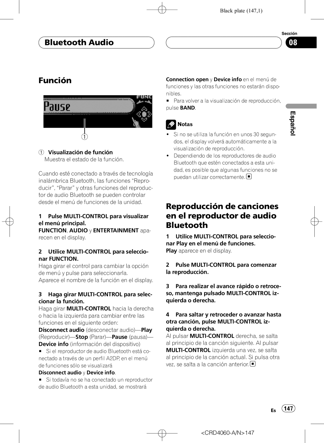 Pioneer DEH-P7850BT operation manual Bluetooth Audio Función, Visualización de función Muestra el estado de la función 